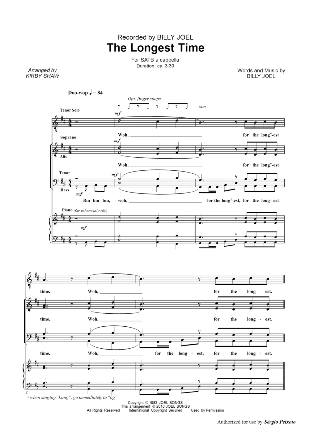 The Longest Time Piano Sheet Music Page 1 Free PDF