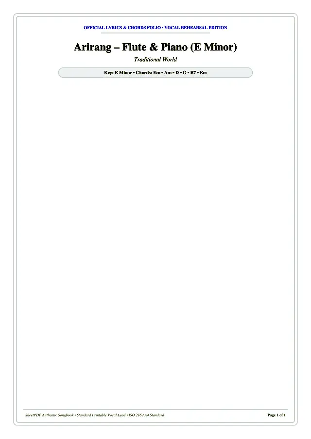 Arirang – Flute & Piano (E Minor) Piano Sheet Music Page 1 Free PDF
