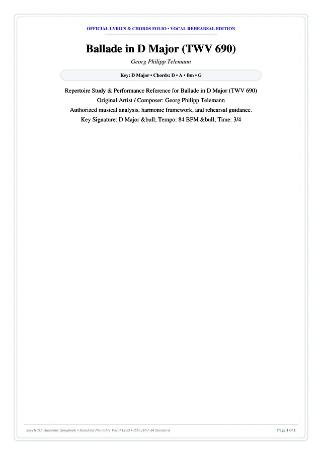 Ballade in D Major (TWV 690) Piano Sheet Music Page 1 Free PDF
