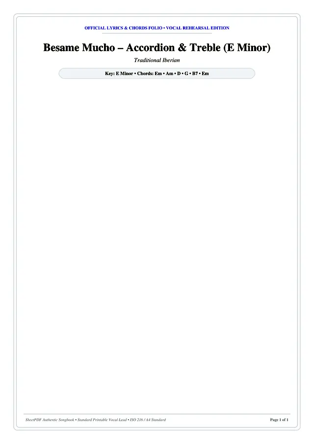 Besame Mucho – Accordion & Treble (E Minor) Piano Sheet Music Page 1 Free PDF