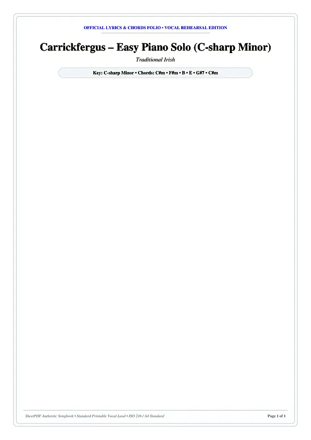 Carrickfergus – Easy Piano Solo (C-sharp Minor) Piano Sheet Music Page 1 Free PDF