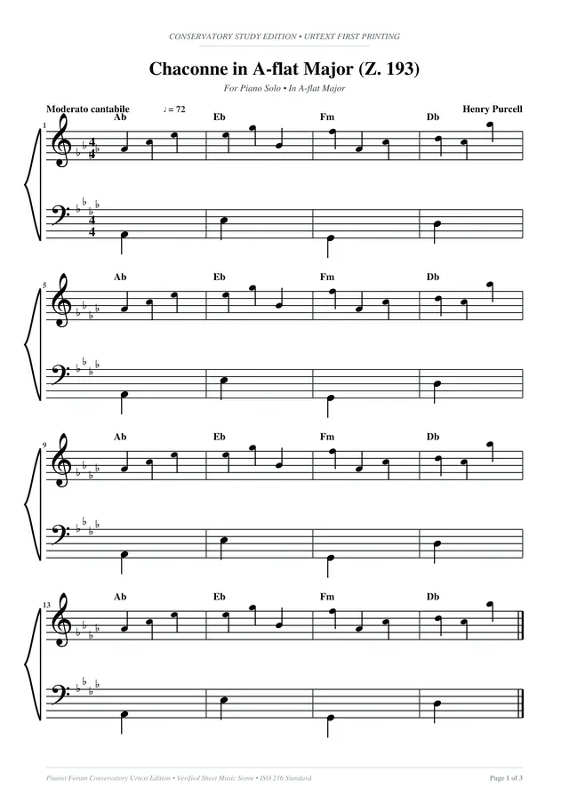 Chaconne in A-flat Major (Z. 193) Piano Sheet Music Page 1 Free PDF
