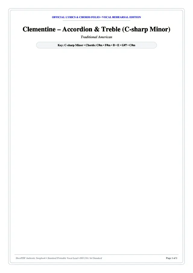 Clementine – Accordion & Treble (C-sharp Minor) Piano Sheet Music Page 1 Free PDF