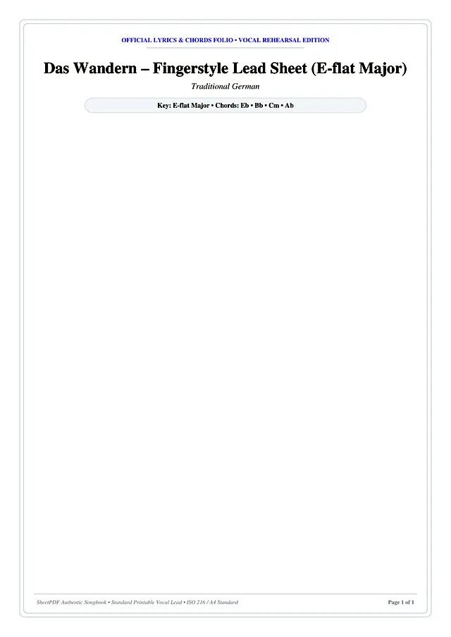 Das Wandern – Fingerstyle Lead Sheet (E-flat Major) Piano Sheet Music Page 1 Free PDF