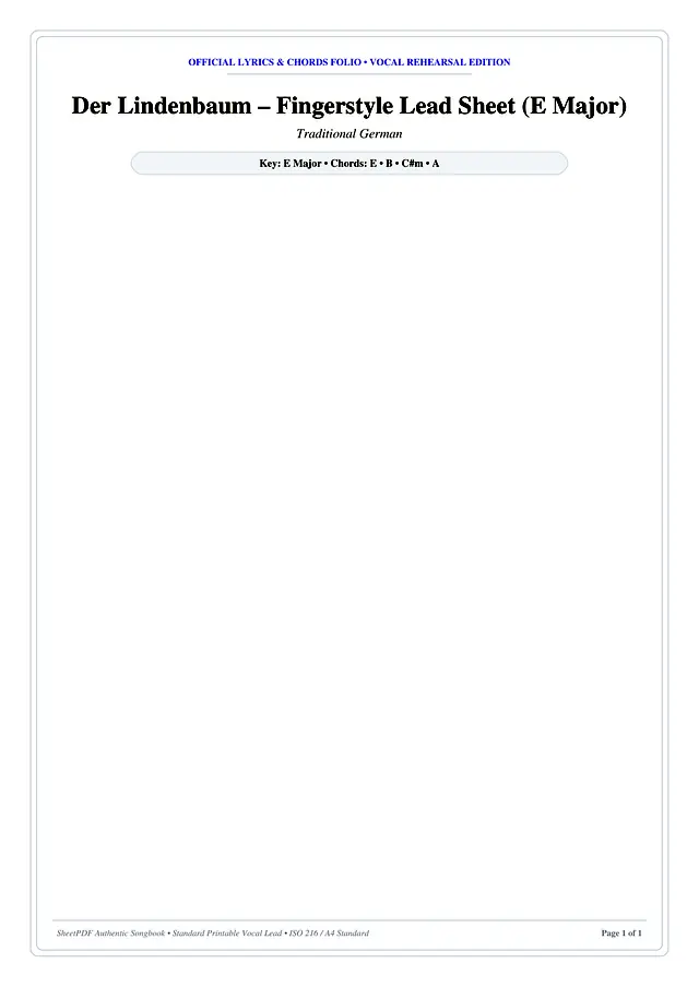 Der Lindenbaum – Fingerstyle Lead Sheet (E Major) Piano Sheet Music Page 1 Free PDF