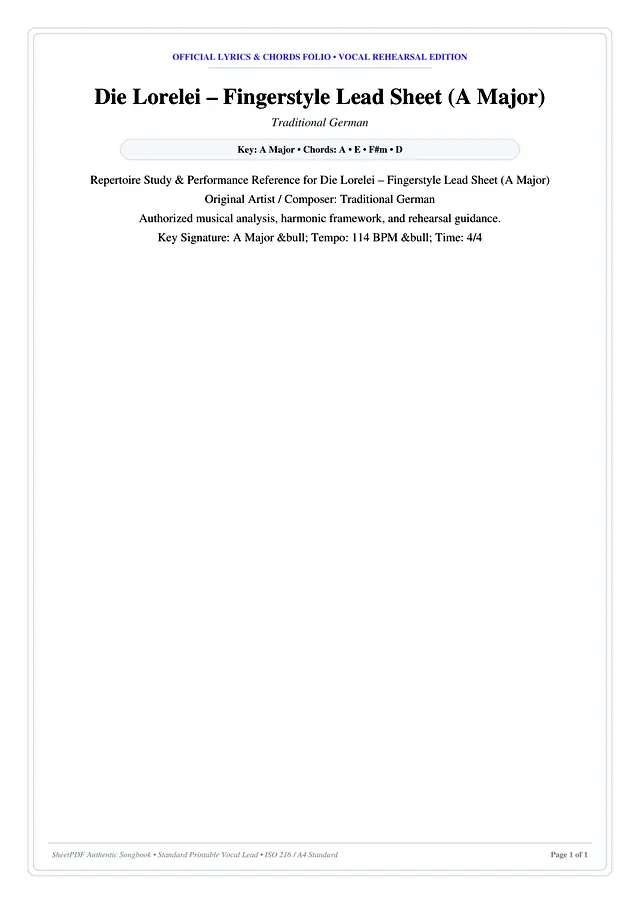 Die Lorelei – Fingerstyle Lead Sheet (A Major) Piano Sheet Music Page 1 Free PDF