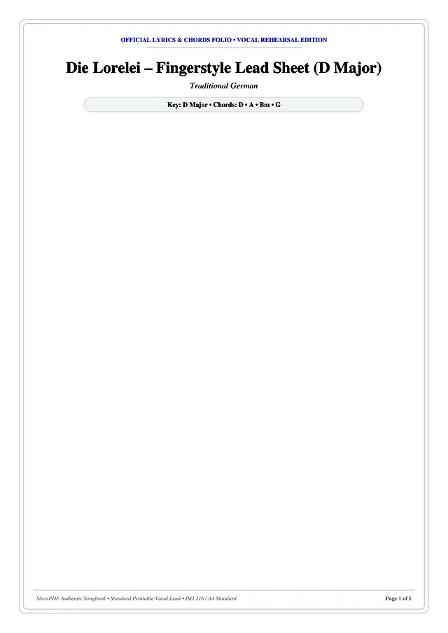 Die Lorelei – Fingerstyle Lead Sheet (D Major) Piano Sheet Music Page 1 Free PDF