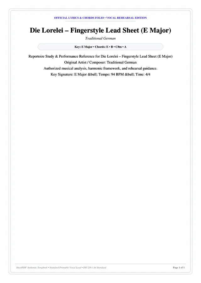 Die Lorelei – Fingerstyle Lead Sheet (E Major) Piano Sheet Music Page 1 Free PDF