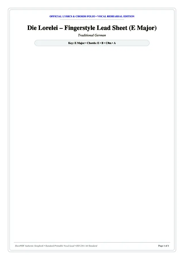 Die Lorelei – Fingerstyle Lead Sheet (E Major) Piano Sheet Music Page 1 Free PDF
