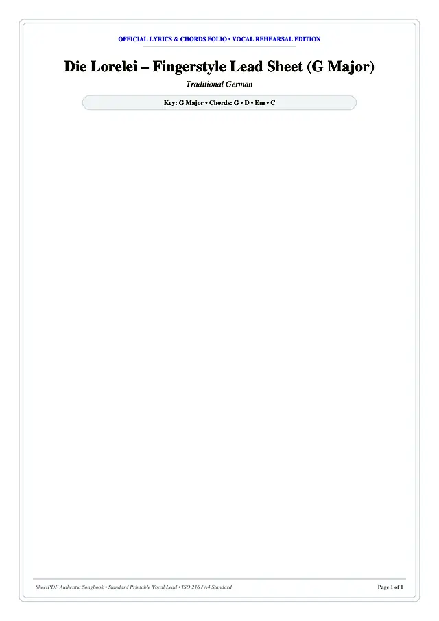 Die Lorelei – Fingerstyle Lead Sheet (G Major) Piano Sheet Music Page 1 Free PDF