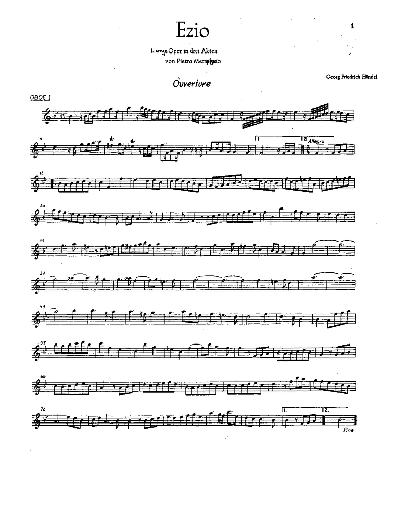 Ezio, HWV 29 Piano Sheet Music Page 1 Free PDF