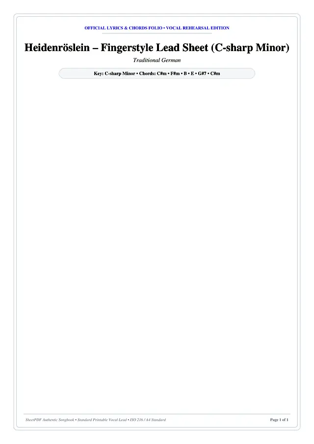 Heidenröslein – Fingerstyle Lead Sheet (C-sharp Minor) Piano Sheet Music Page 1 Free PDF