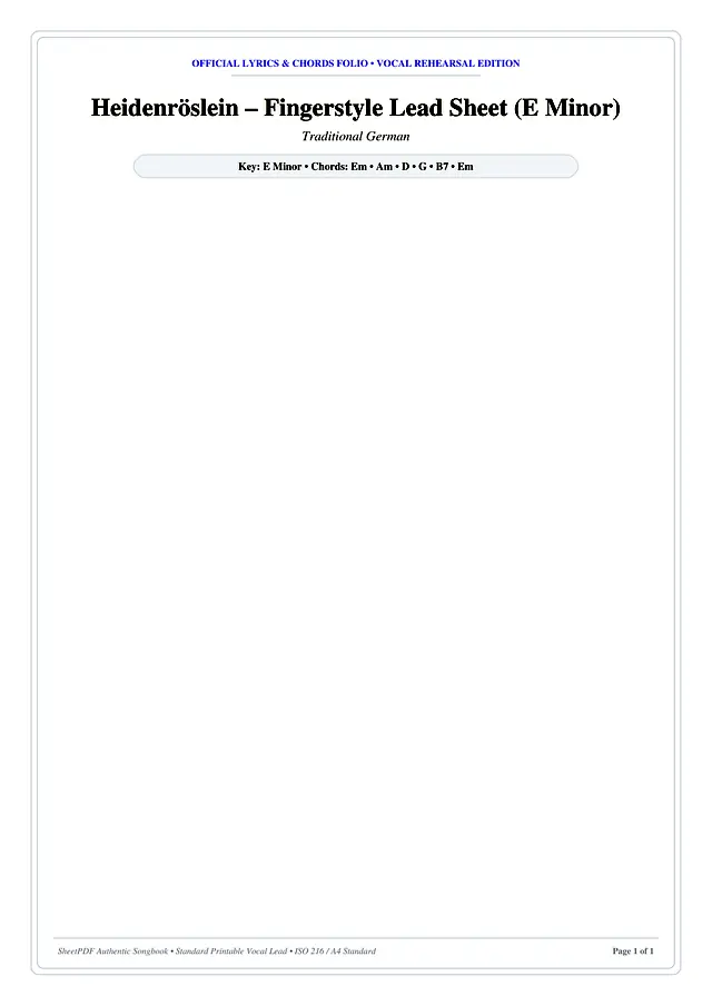 Heidenröslein – Fingerstyle Lead Sheet (E Minor) Piano Sheet Music Page 1 Free PDF