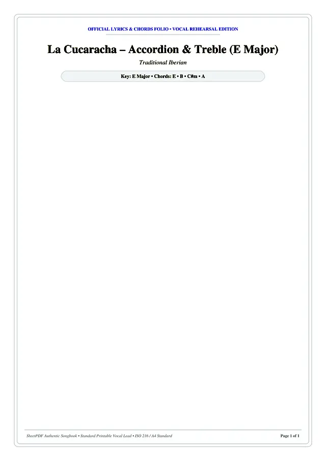 La Cucaracha – Accordion & Treble (E Major) Piano Sheet Music Page 1 Free PDF