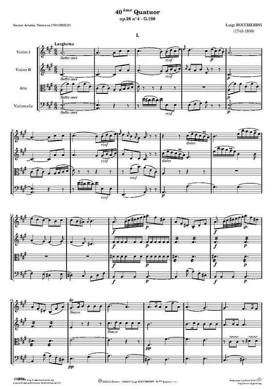 String Quartet in A major, G.198 Piano Sheet Music Page 1 Free PDF