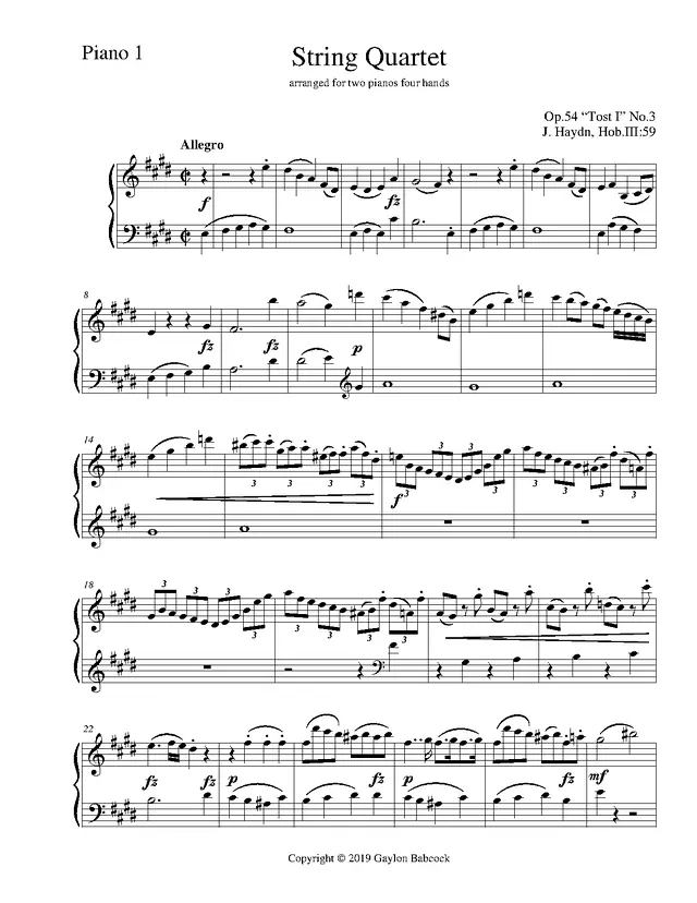 String Quartet in E major, Hob.III:59 Piano Sheet Music Page 1 Free PDF